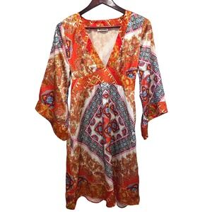 Boho Paisley Print V Neck Kimono Sleeve Midi Dress Orange Womens Medium Y2K